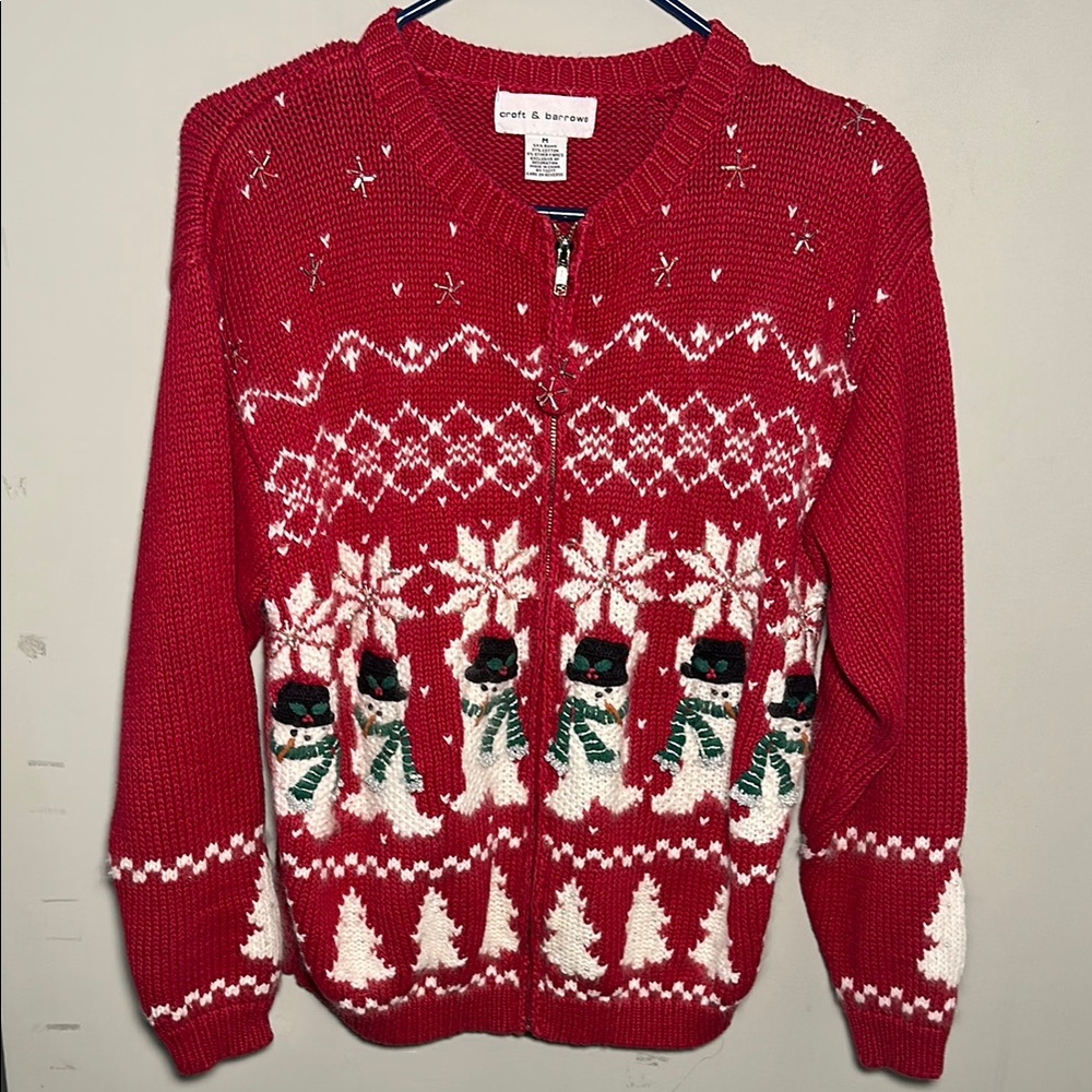 Croft & Barrow Festive red Knit snowman and snowflake Christmas full zip Sweater